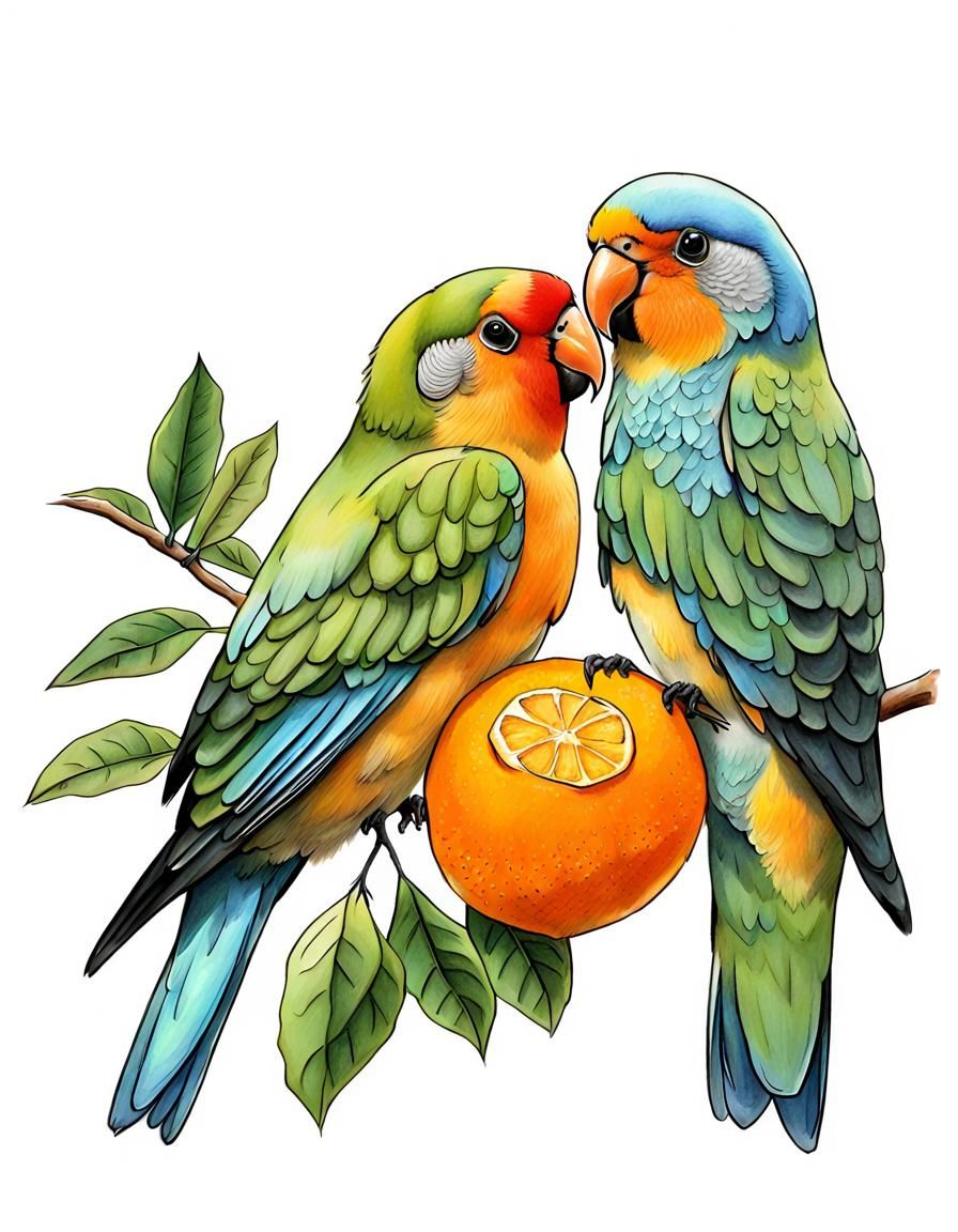 Lovebirds Drawing: Birds Eating Oranges