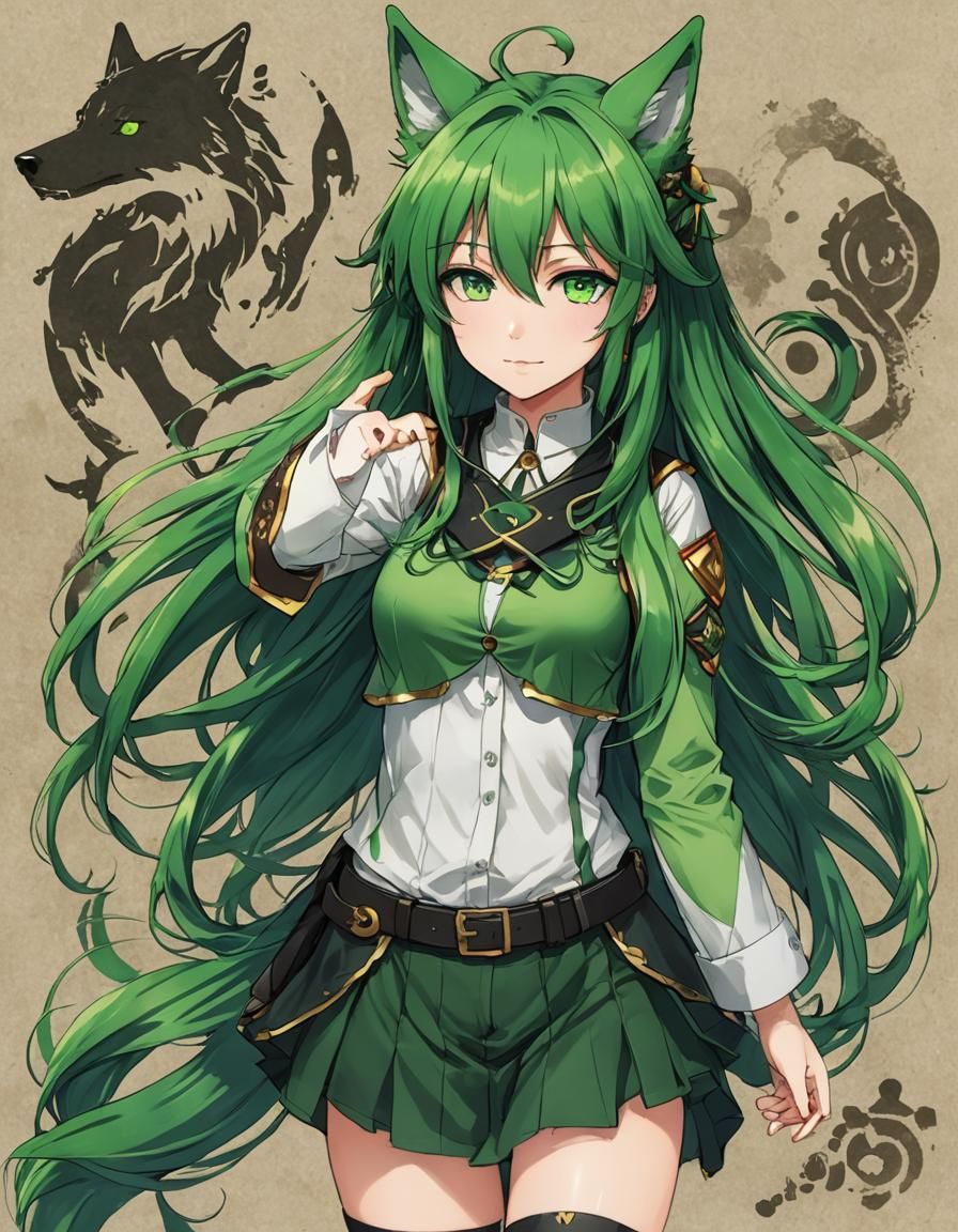 Green Haired Anime Girl with Wolf Features