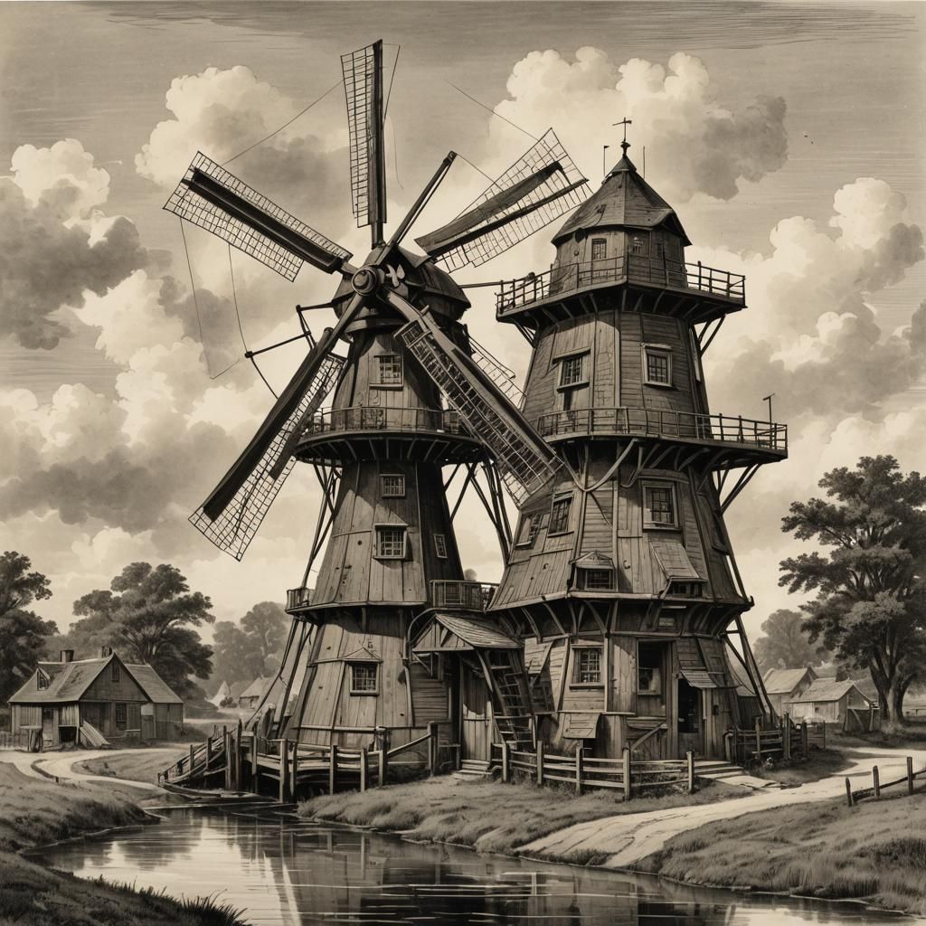 Steampunk Windmill in 1700s Rural Holland