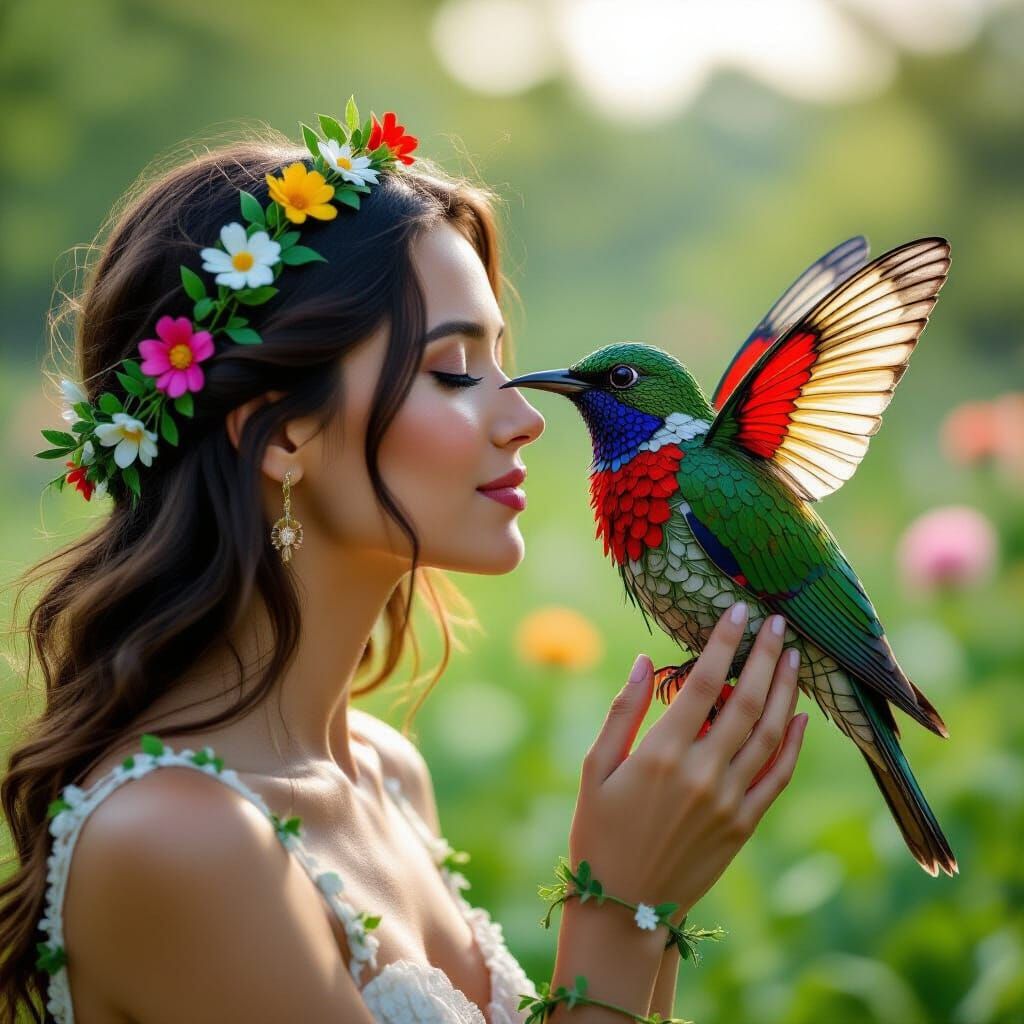 String Woman Kissing Butterfly Bird in Garden