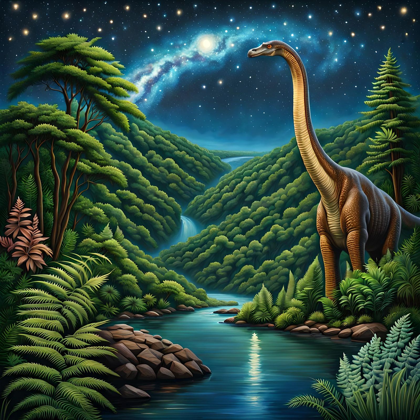 Brachiosaurus in Prehistoric Forest Under Starry Sky