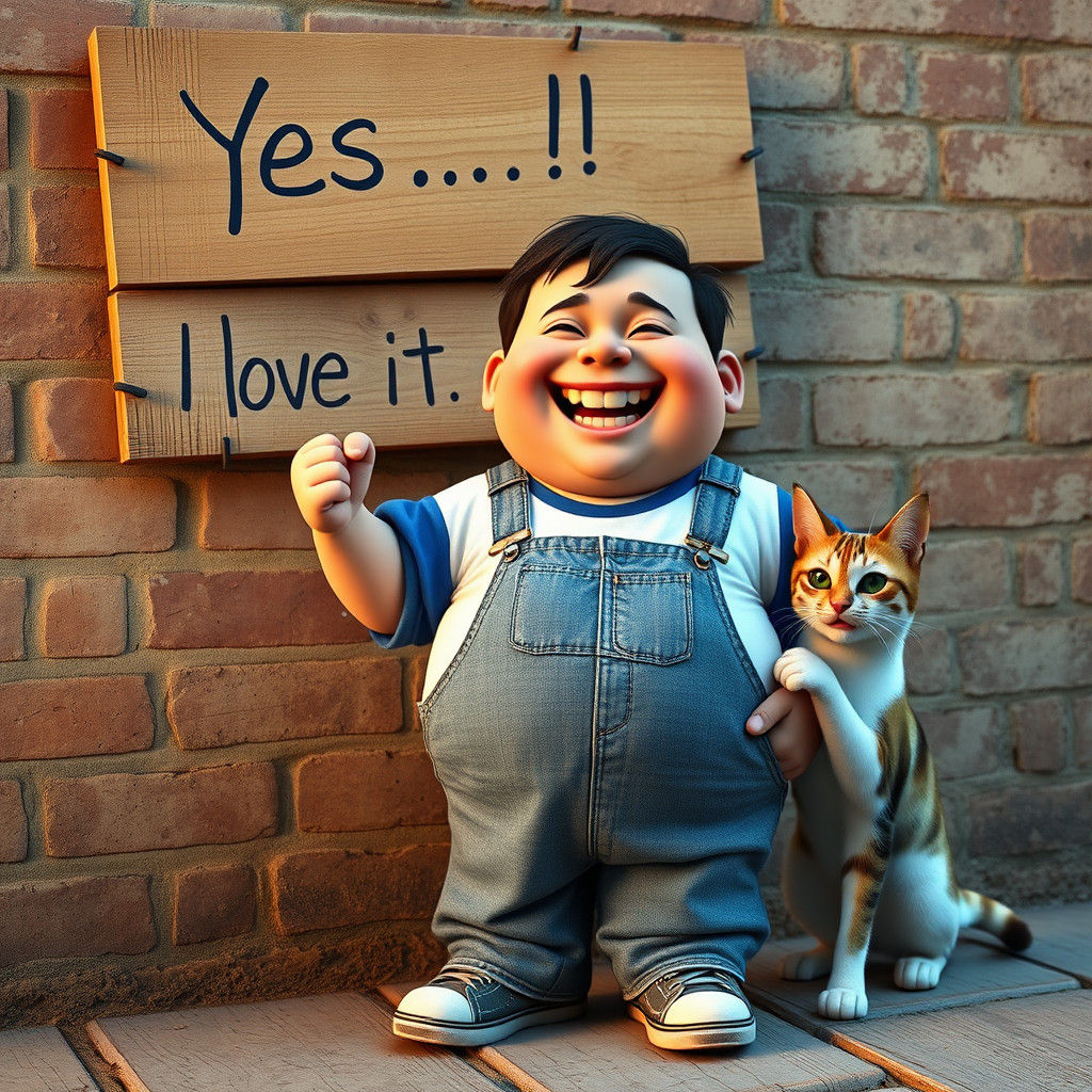 Joyful Boy and Cat Under Cheerful Sign