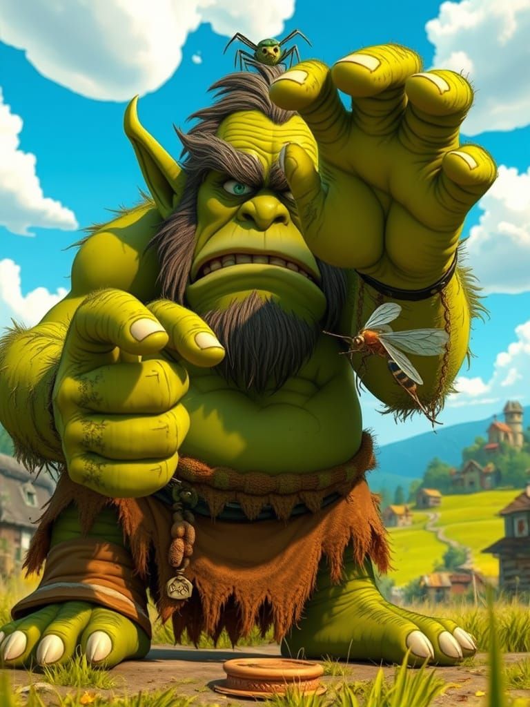 Grumpy Ogre Swats Mosquito in Bright Cartoon Landscape