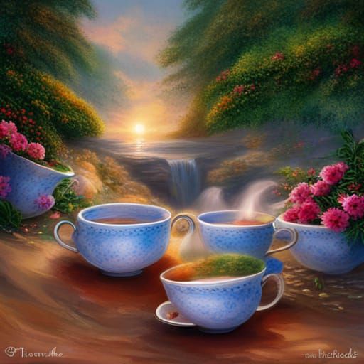 Teapot Waterfall Fills Floating Teacups in Ethereal Fantasy