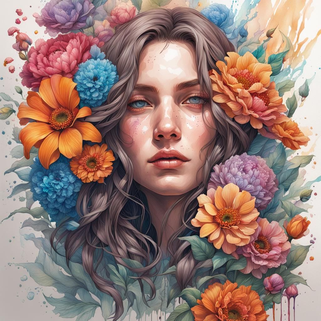 Floral Ink Portrait in Hyperrealistic Style