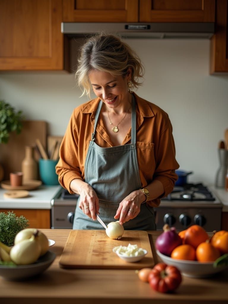 Woman Chopping Vegetables in Kitchen, Realistic Photography