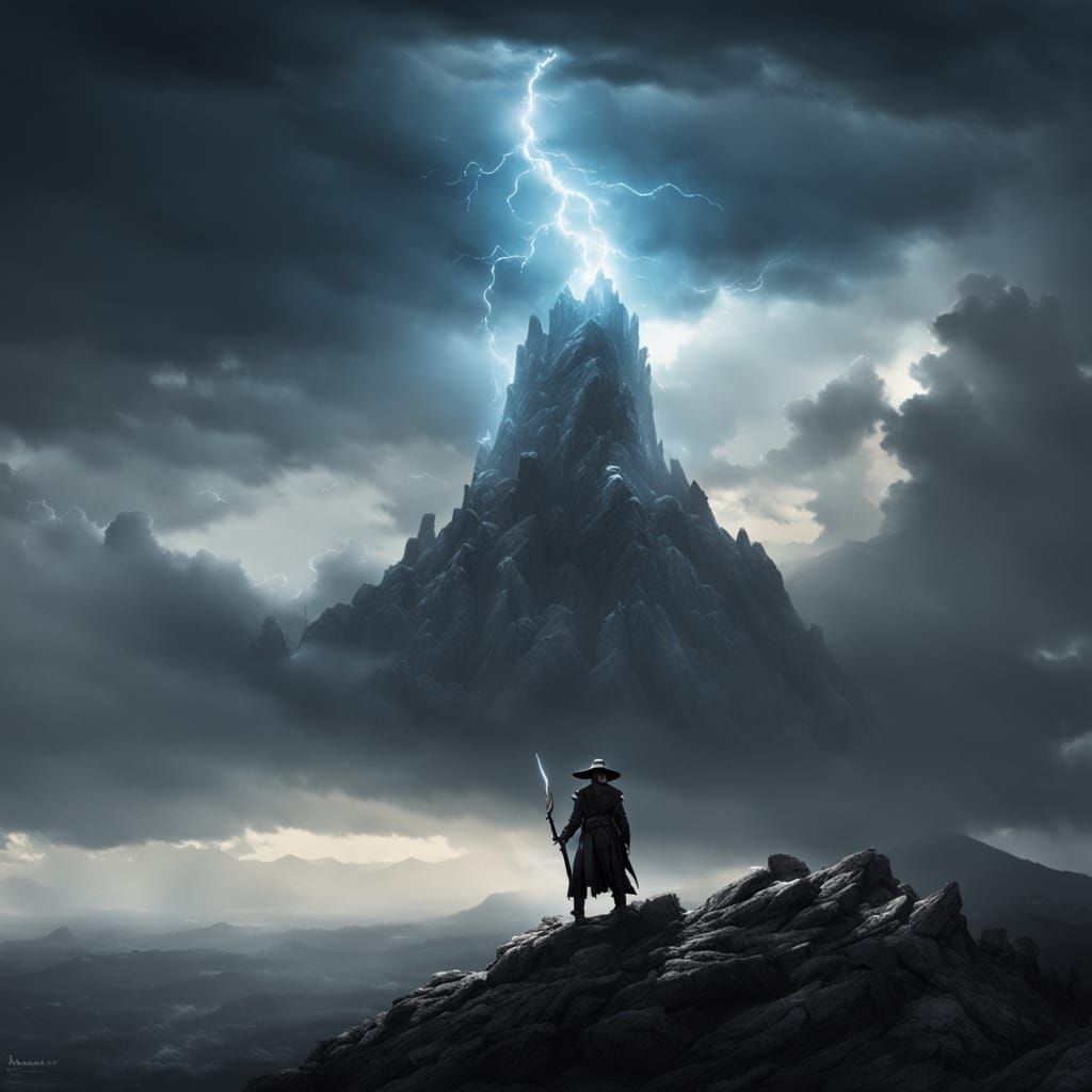 Mythical Figure Wears Lightning Cloud Hat on Mountaintop
