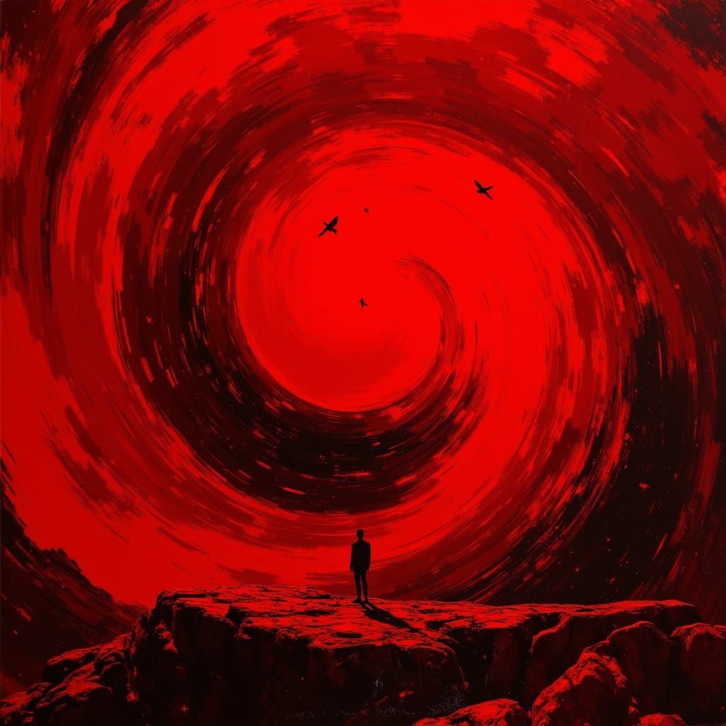 Crimson Vortex with Red Cardinals and Dramatic Lighting