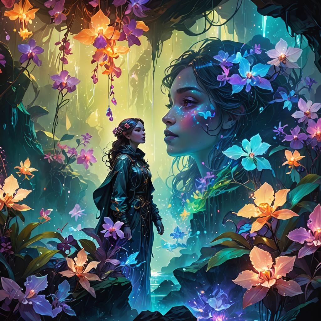 Ethereal Crystal Cavern with Glowing Flora