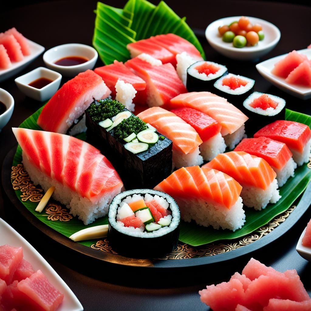 Hyperrealistic Sushi Platter with Watermelon Sculpture