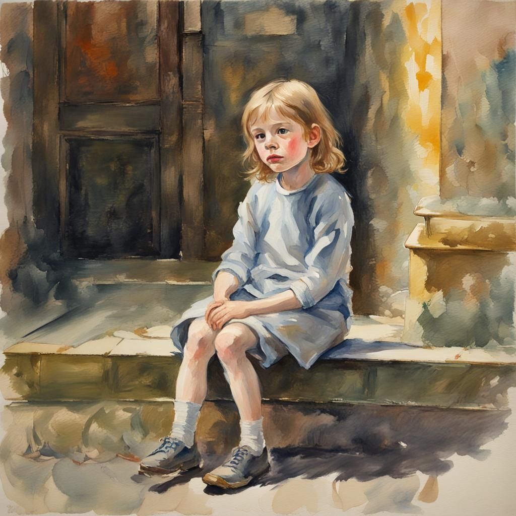 Orphan in London: Gouache Style Impressionist Painting