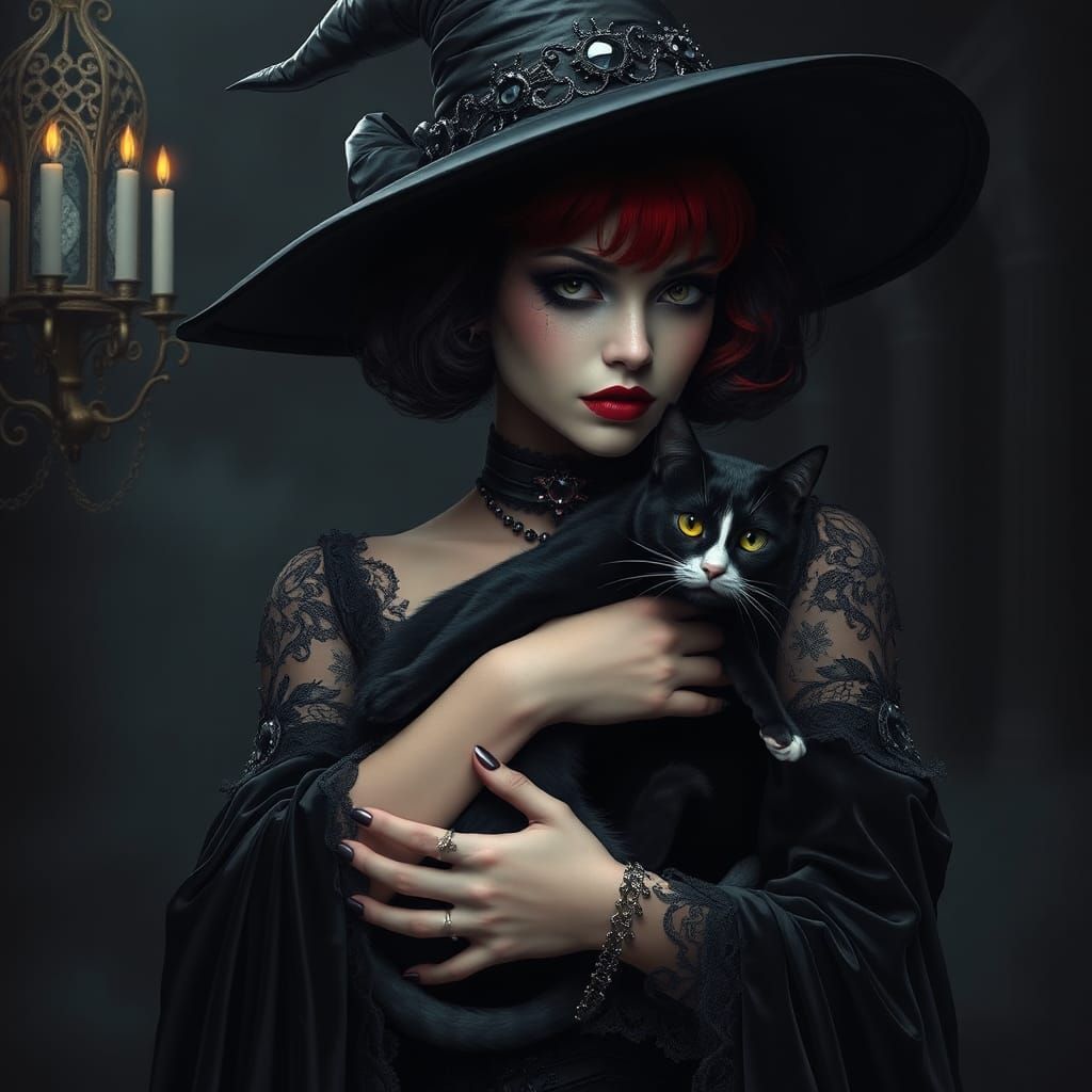 Gothic Woman with Cat in Dark Fantasy Style