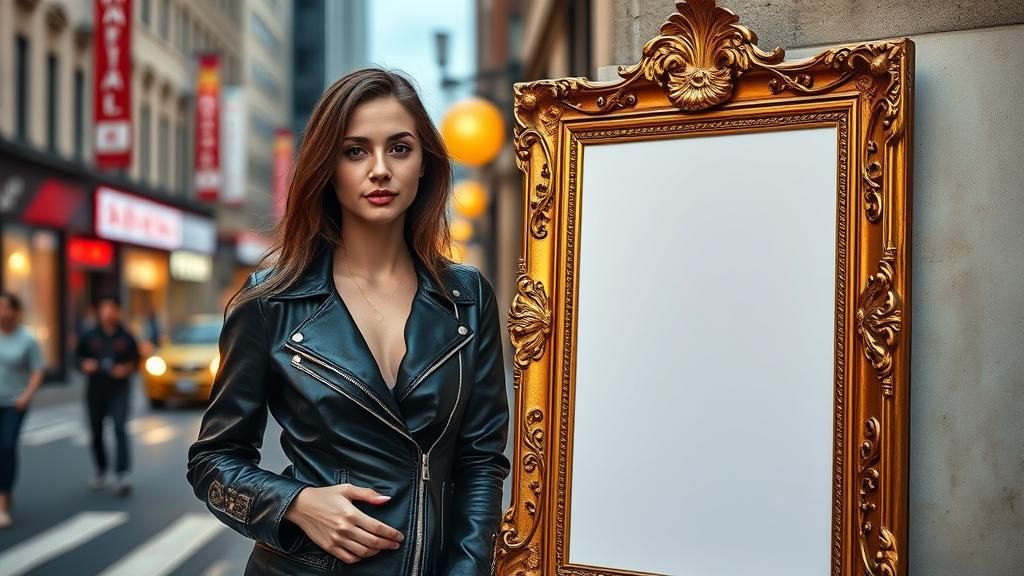 Woman in Leather Jacket Next to Picture Frame