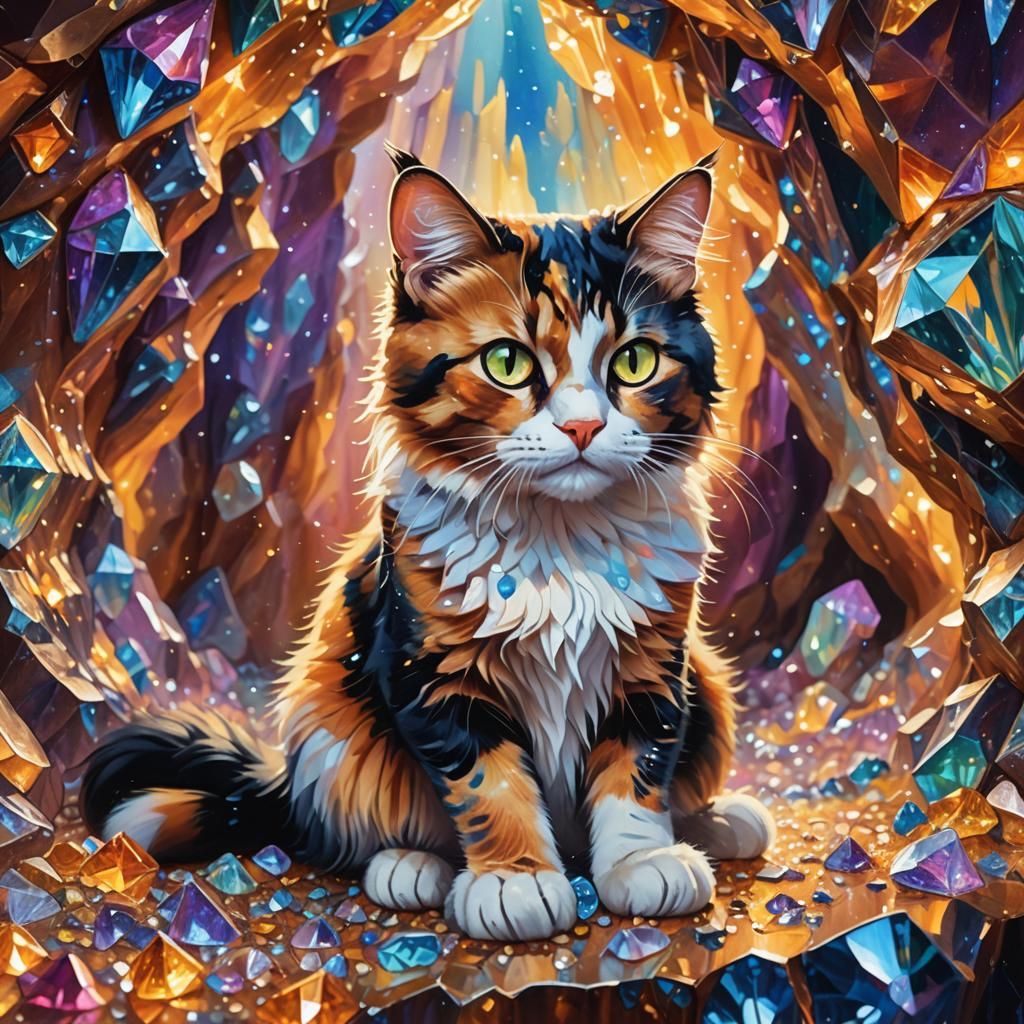 Calico Cat in Fluorescent Crystal Cave Oil Painting