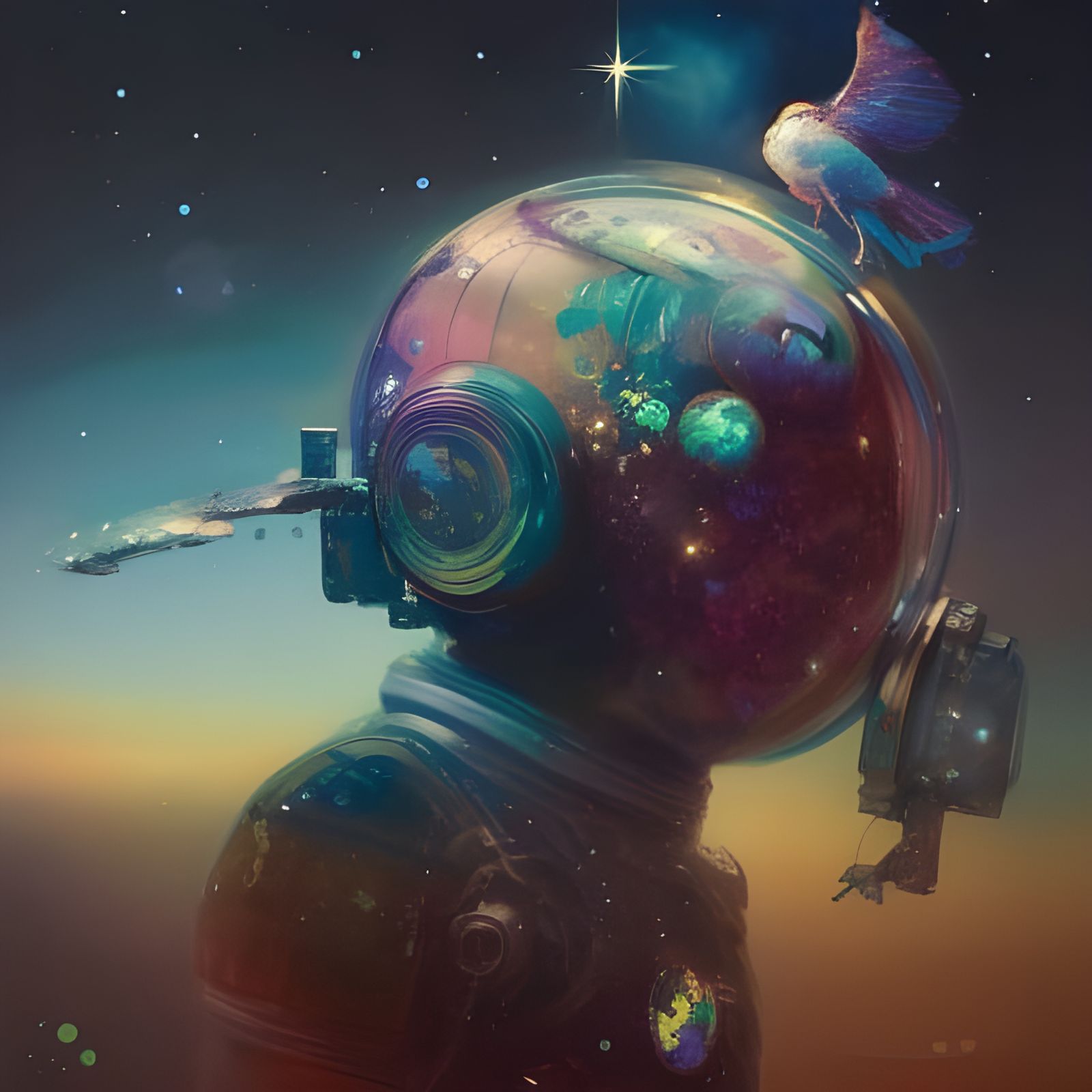 Astronaut Reflecting Colorful Galaxy, Maximalist Style