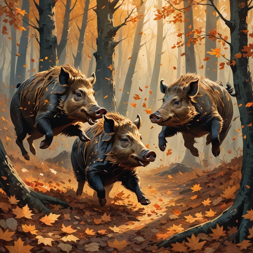 Boars Play in Autumn Forest, Fantasy Realism