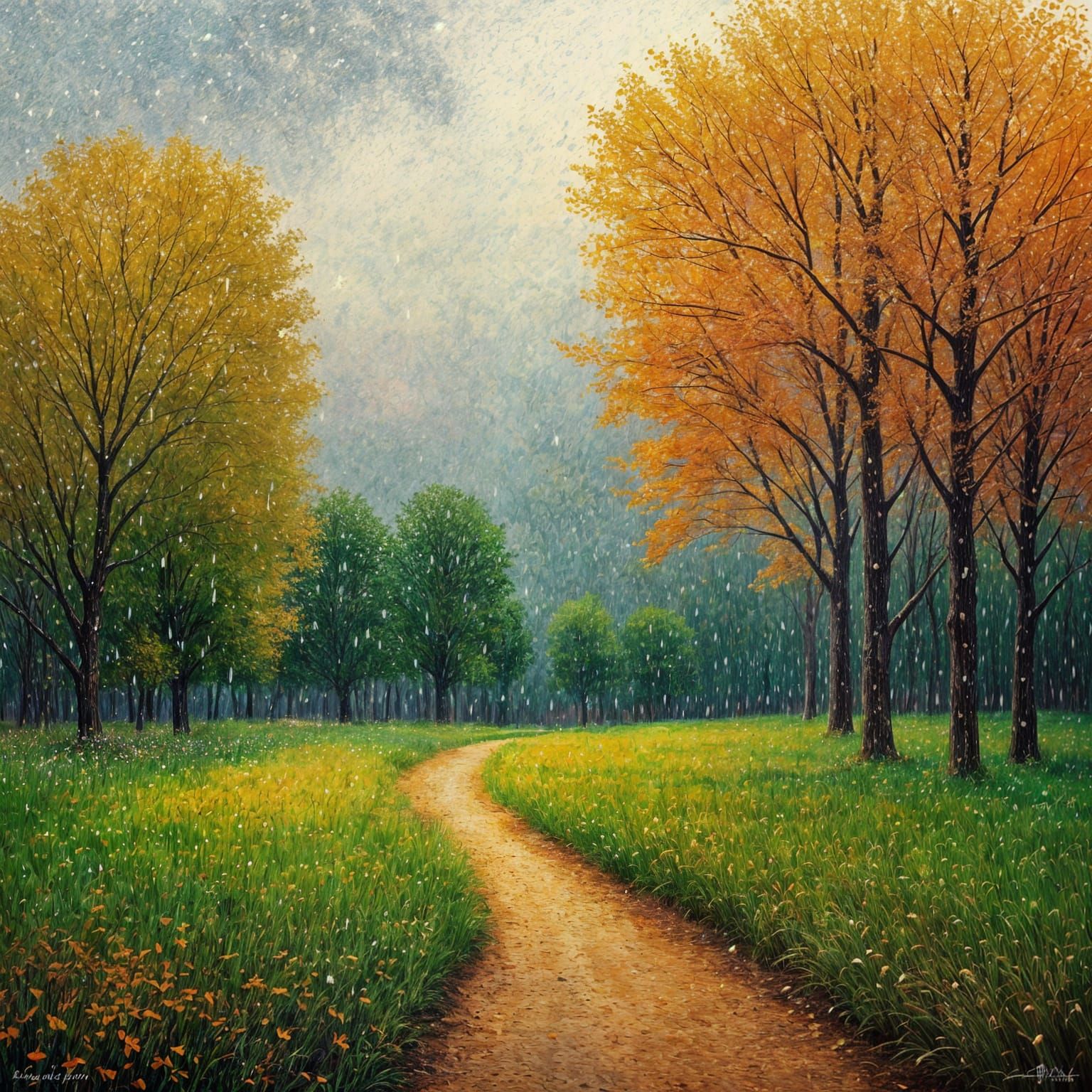 Pointillist Countryside Rain Scene