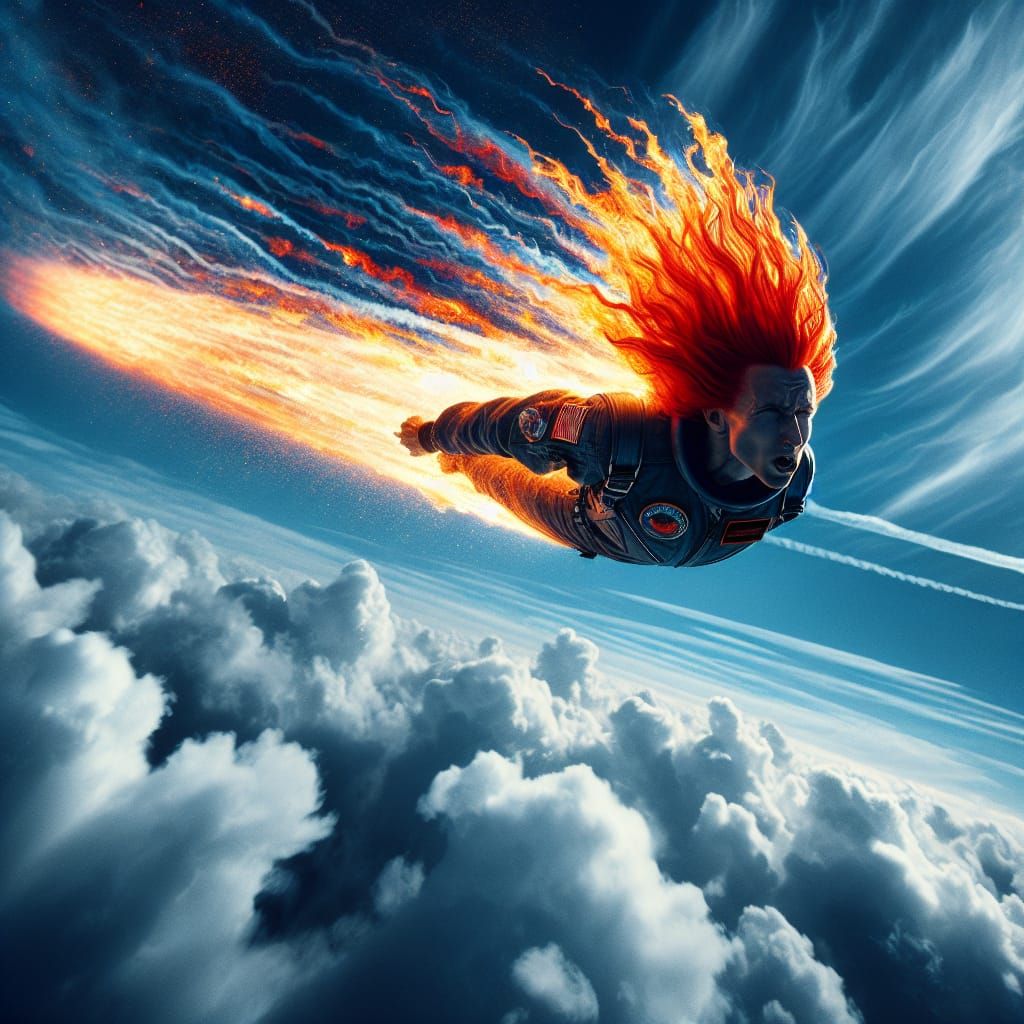 Fiery Haired Person Soaring at Mach 3