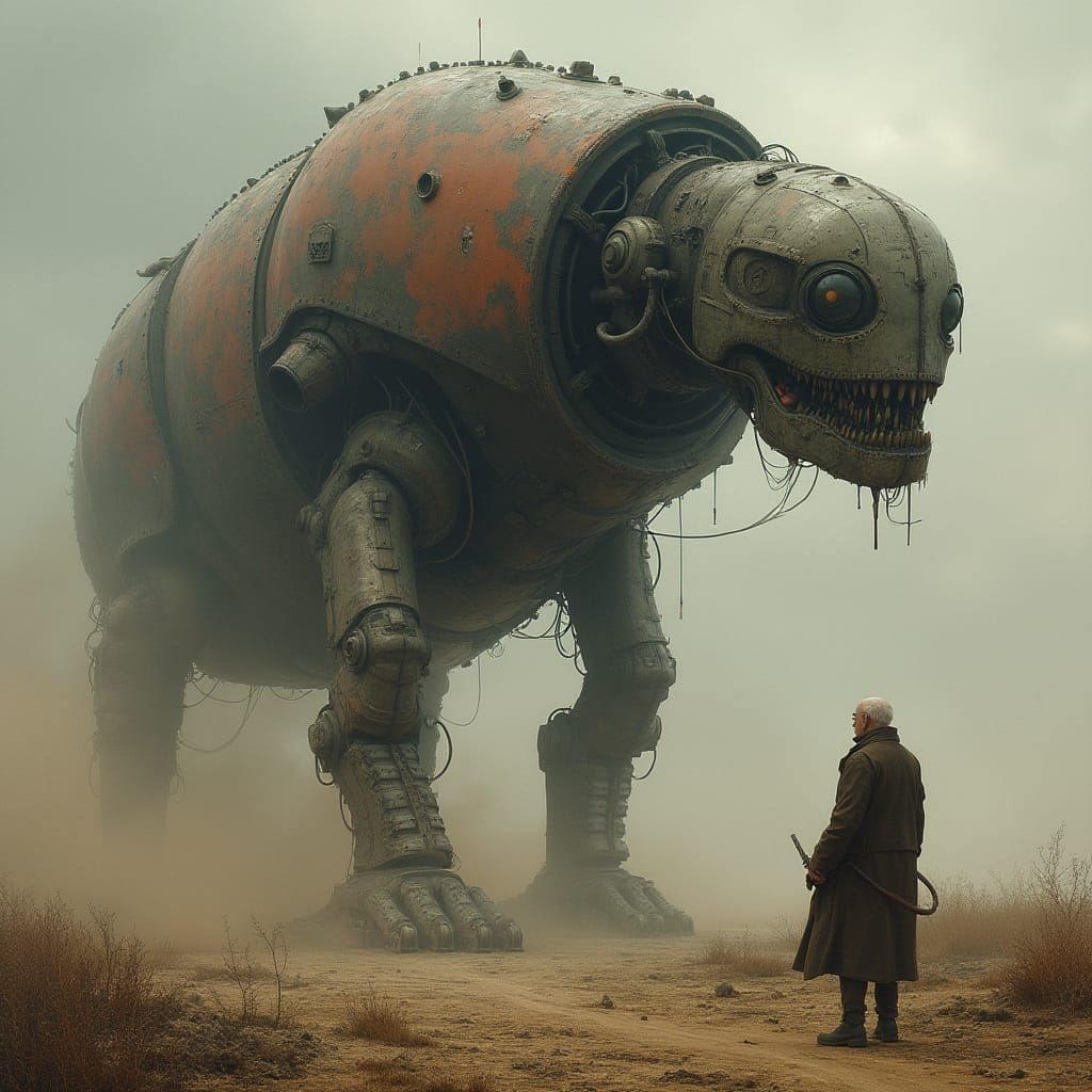 Elderly Pilot in Biomechanical War Machine, Dark Fantasy Art