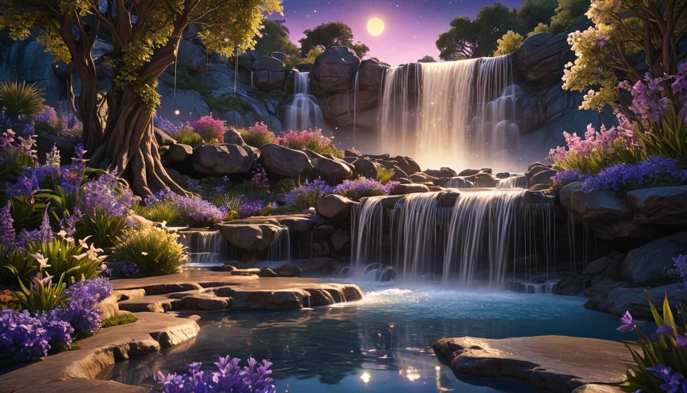 Celestial Starlight Waterfall in a Serene Garden