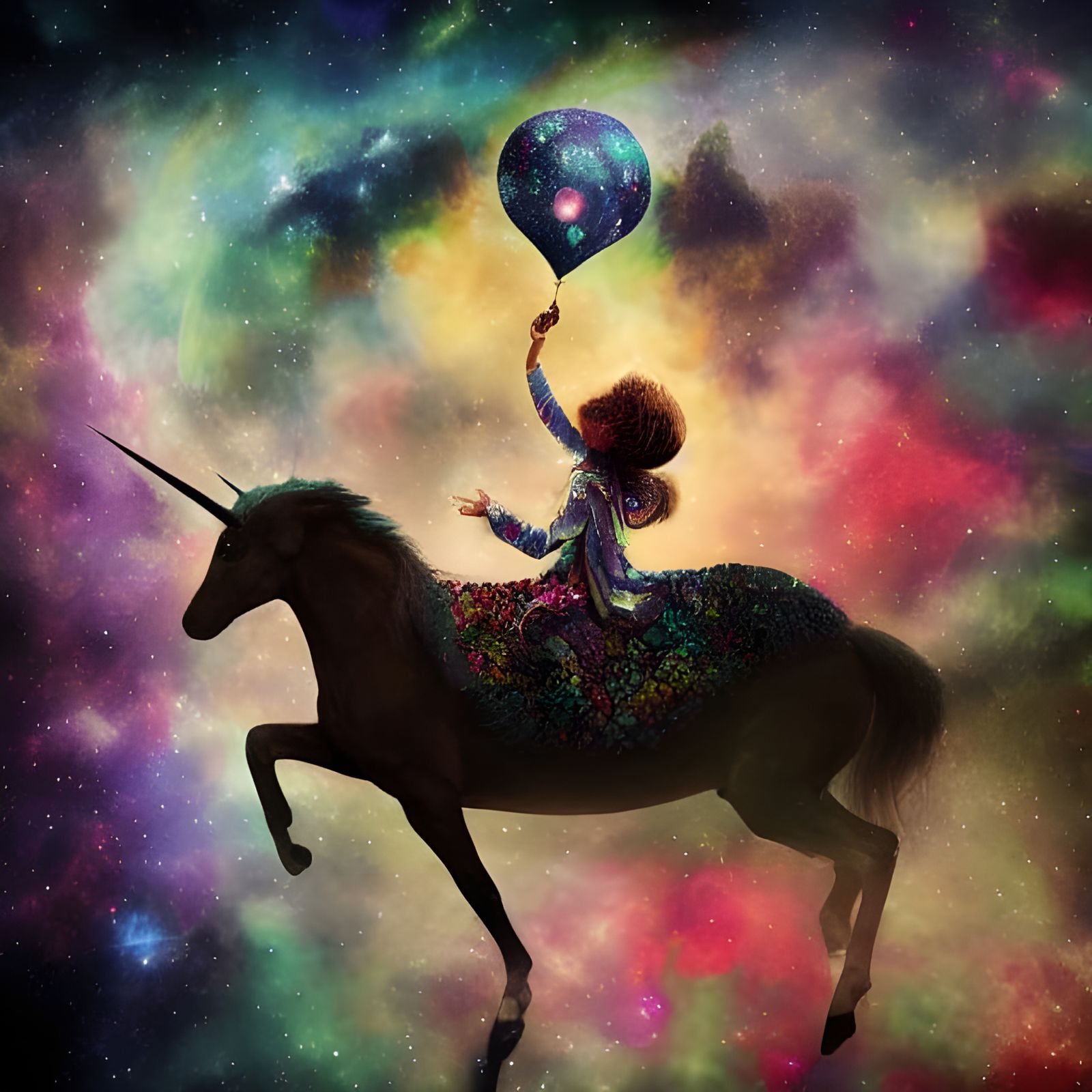 Little Prince on Star Unicorn in Colorful Universe