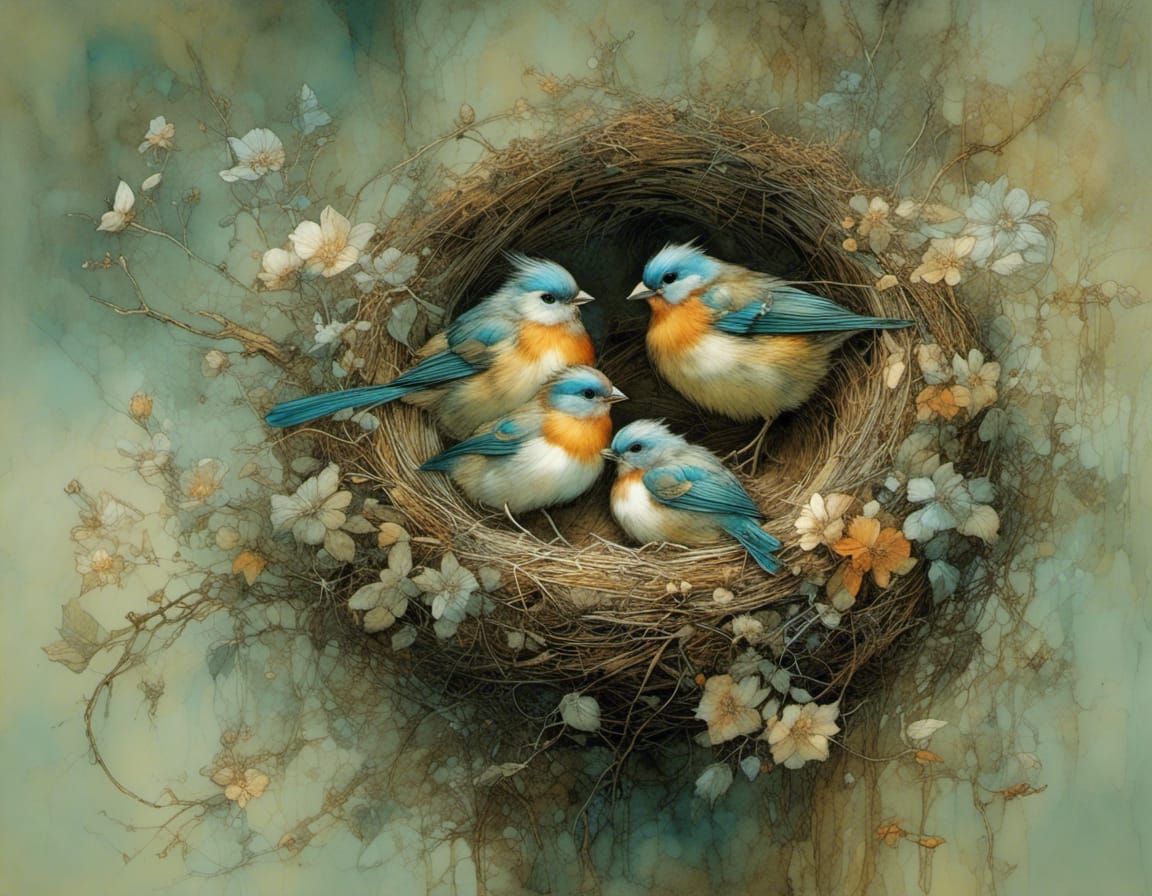 Bird Nest in Blooming Garden, Watercolor Painting