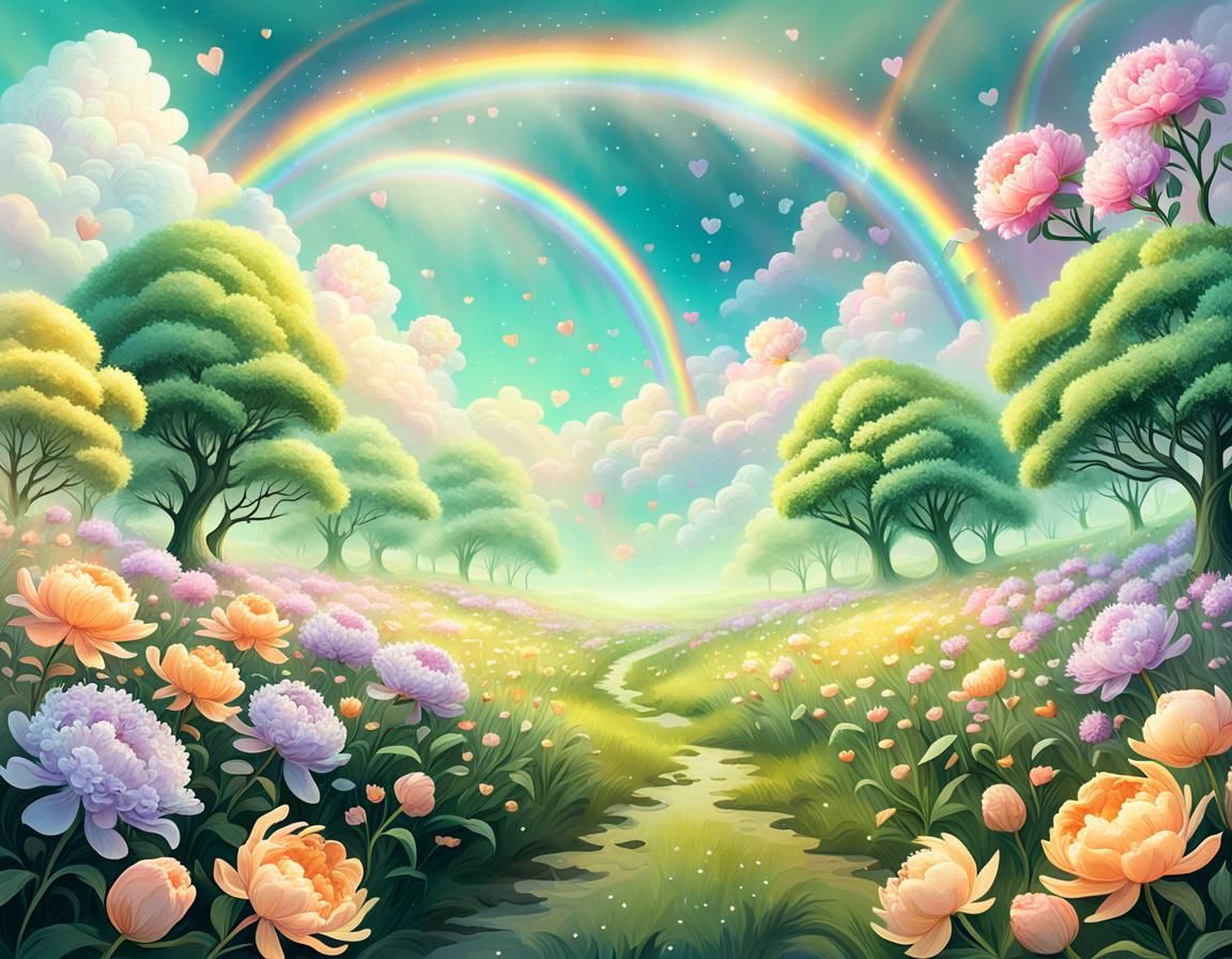 Pastel Rainbow Meadow with Alien Flowers