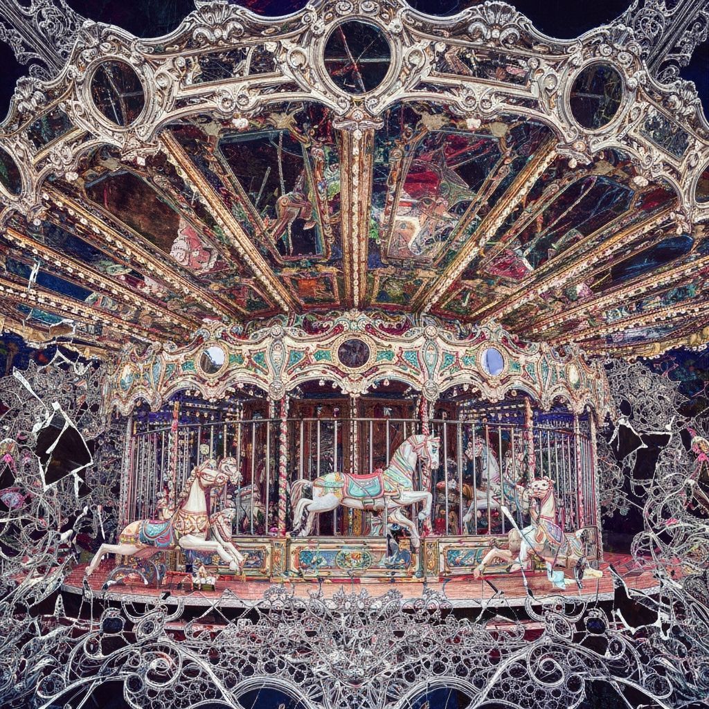 Surreal Bioluminescent Carousel with Silver Filigree