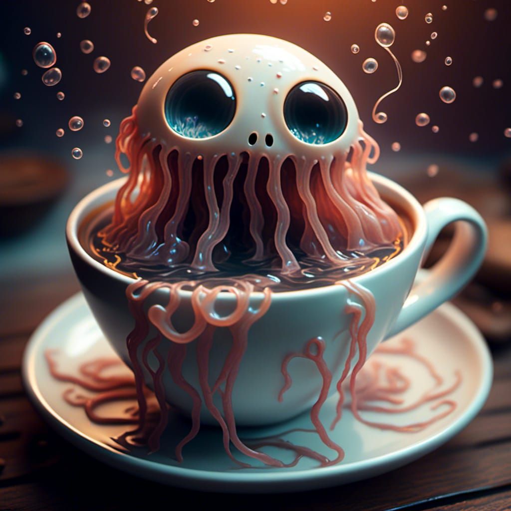 Cartoon Coffee Cup Close-up in Fantasy Style