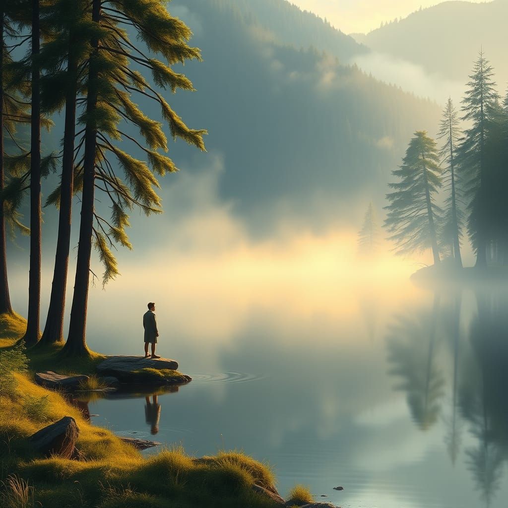 Misty Lake at Dawn in Dreamy Realism