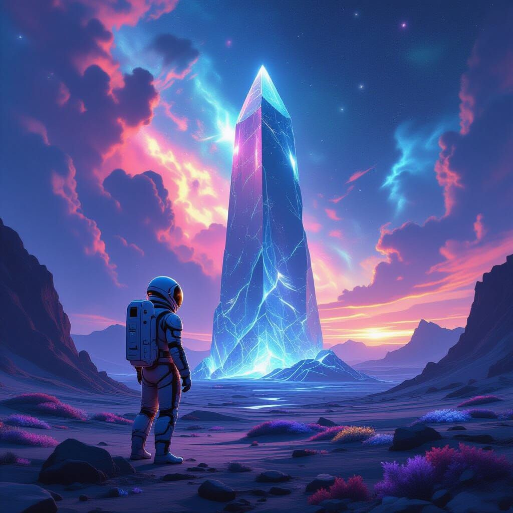 Astronaut and Crystalline Monolith on Alien Planet