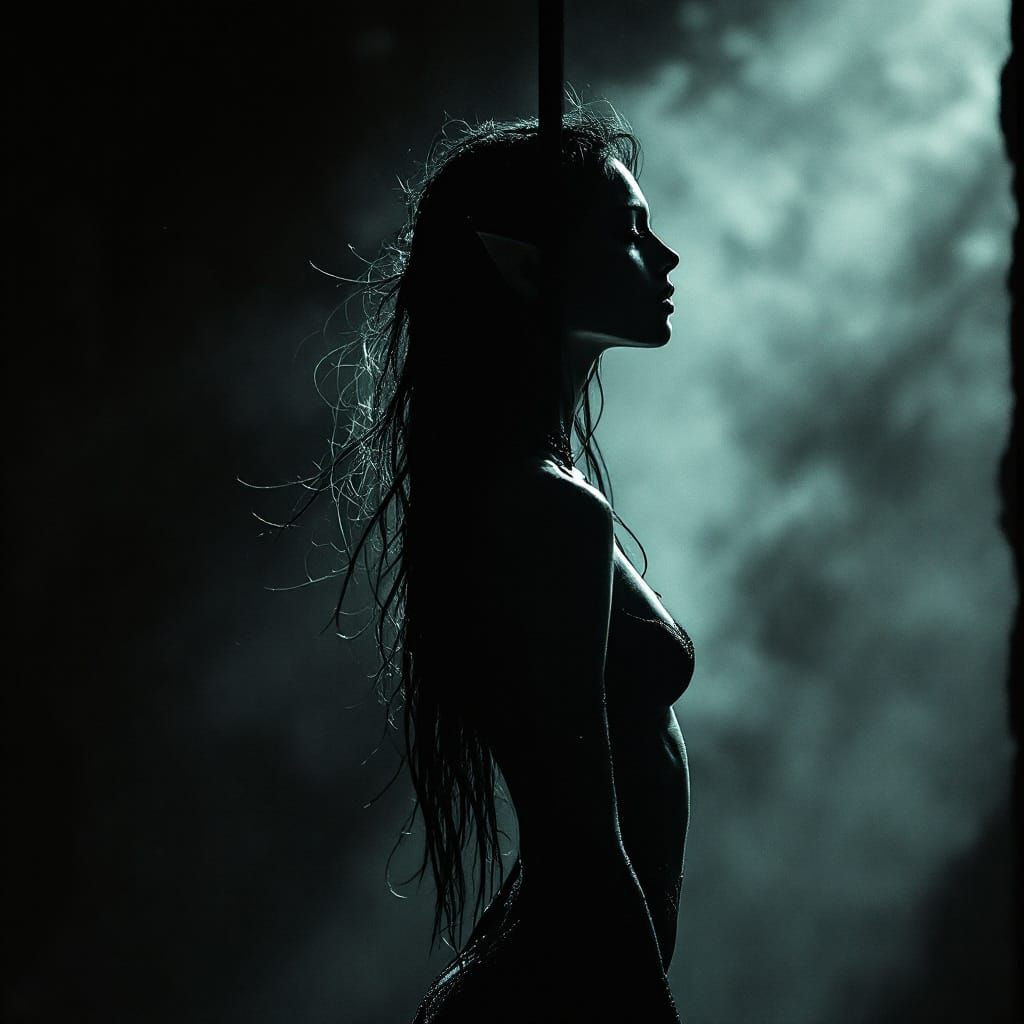 Elven Pole Dancer Silhouette in Dark Painterly Style