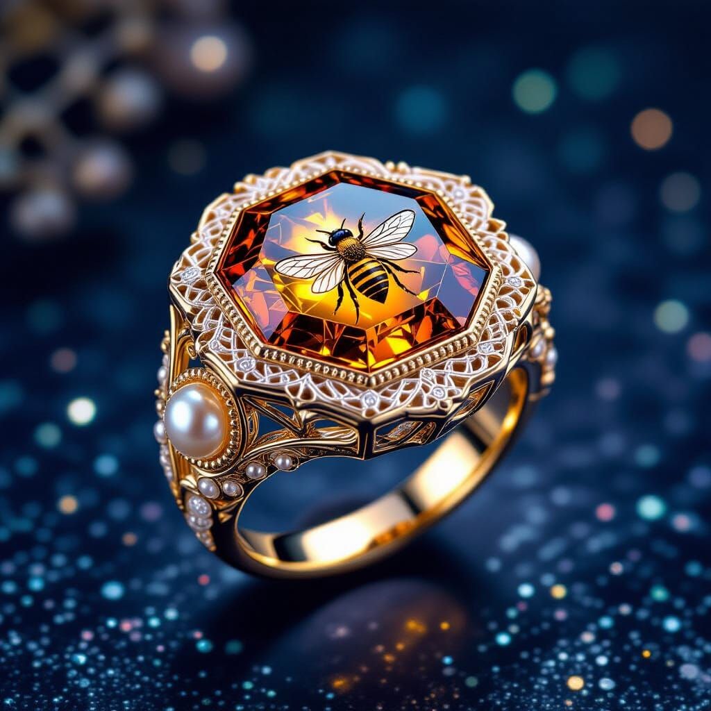 Art Nouveau Ring with Amber Stone and Lace Ornament