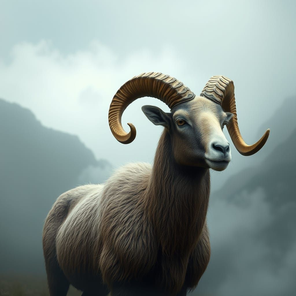 Mystical Ram with Spiraling Horn in Digital Painting