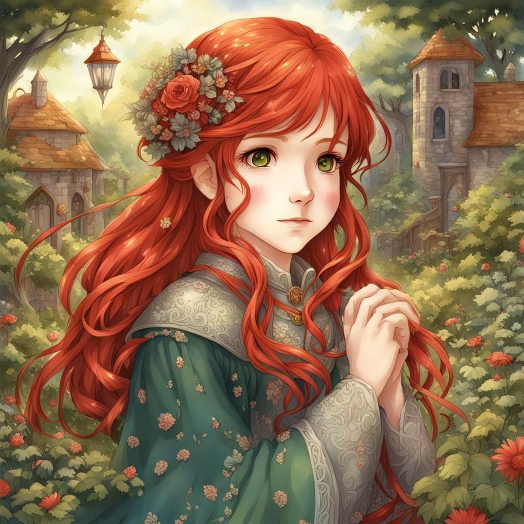 Anime Girl in Medieval Fantasy Garden