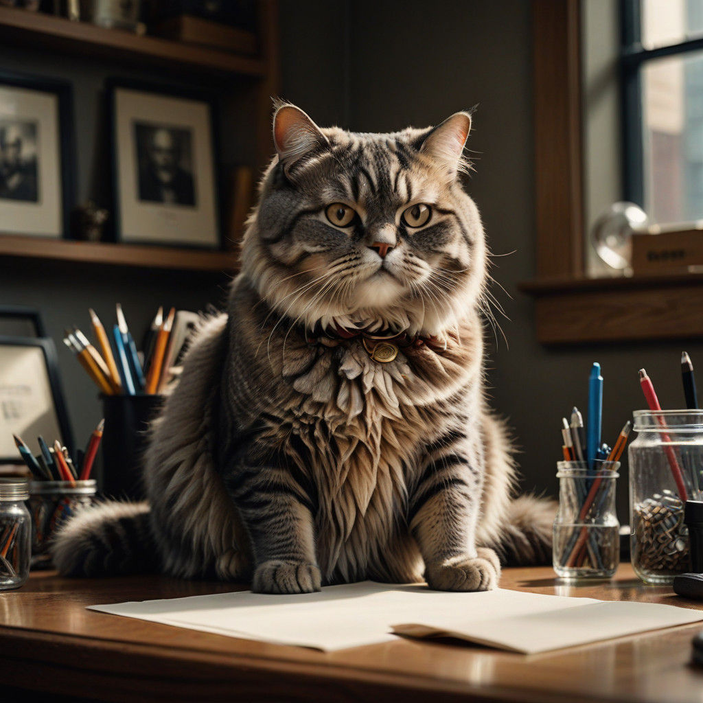 Hyperrealistic Portrait of a Fat Cat in a Dimly Lit Office
