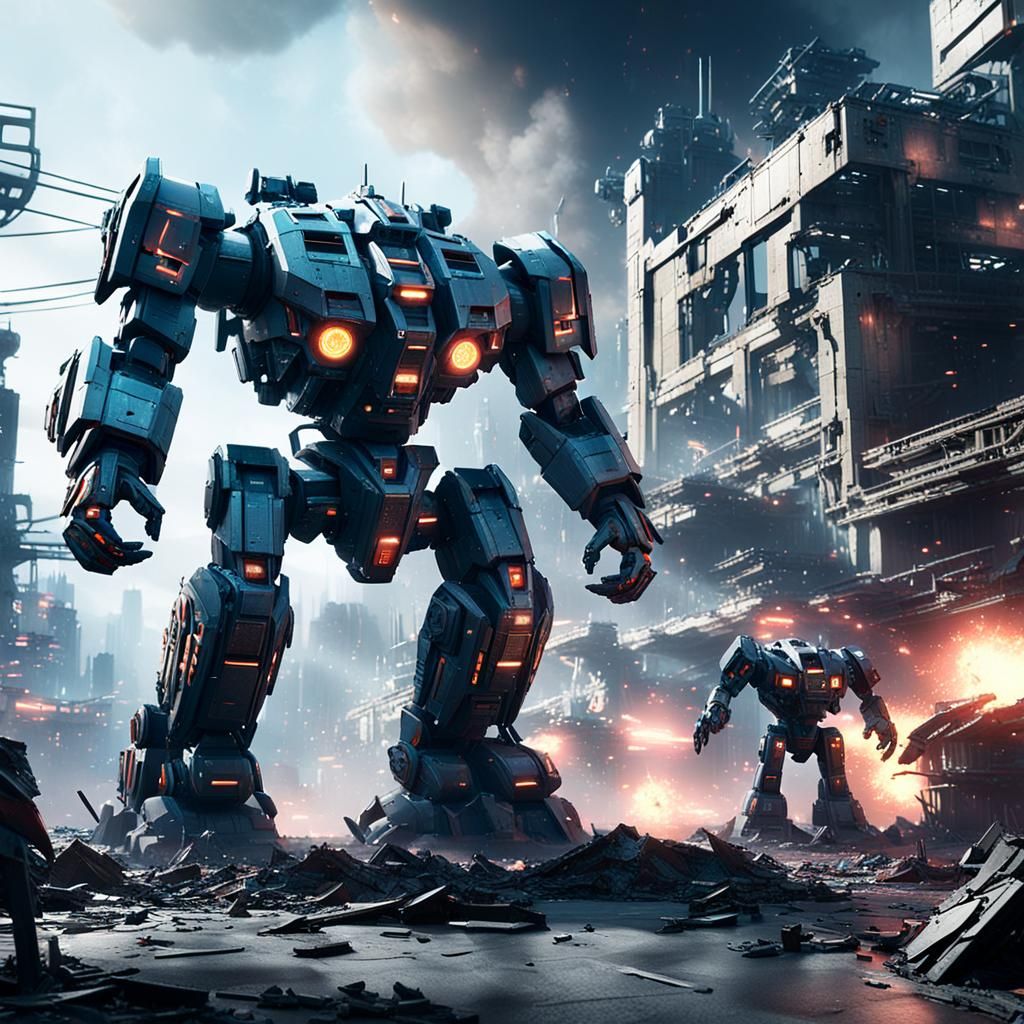 Epic Sci-Fi Mecha Battle in Ruined Cityscape