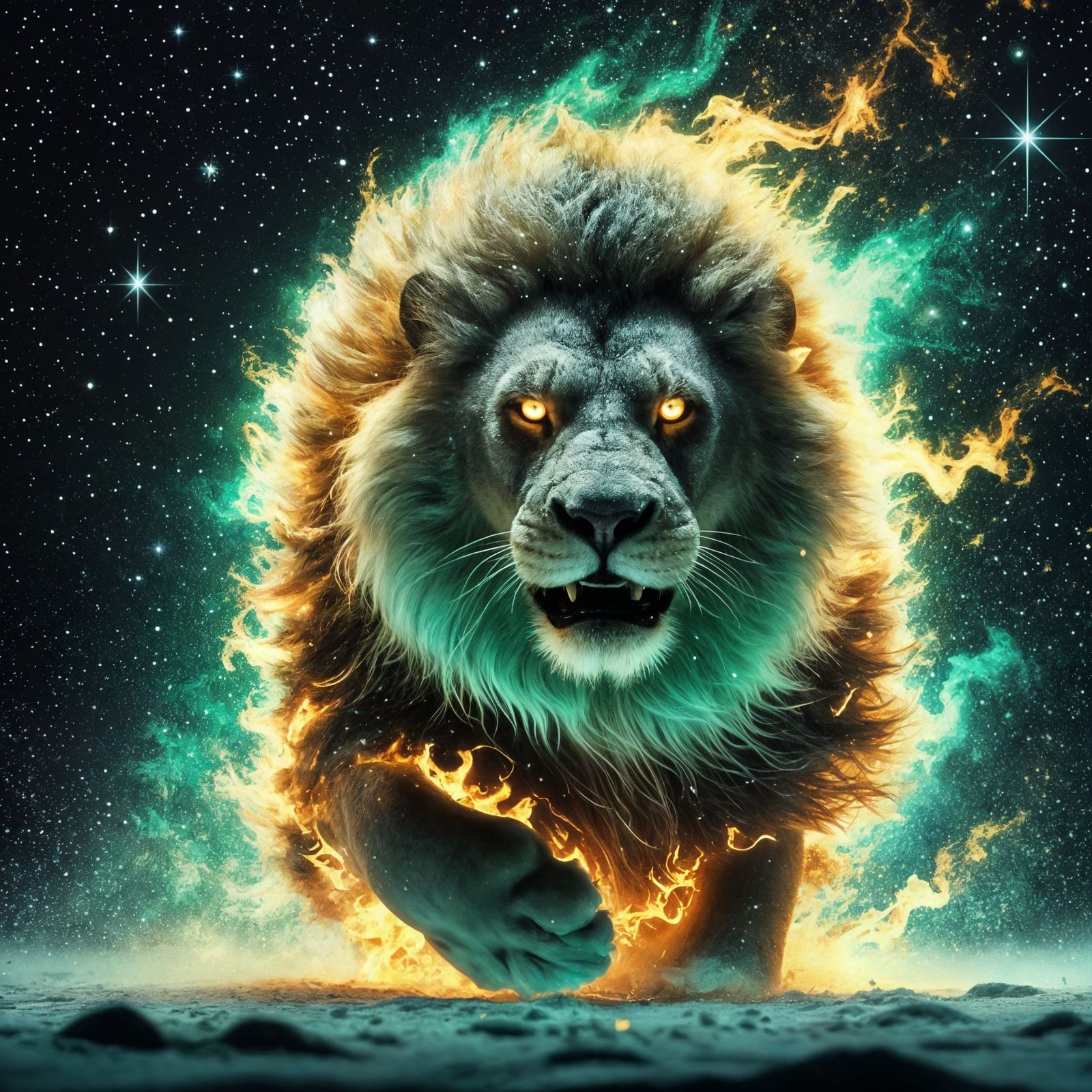 Golden Lion Enveloped in Green Flames, Charging through Arct...