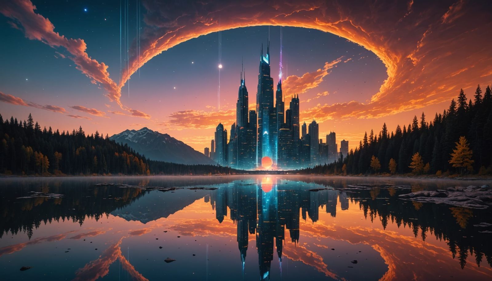 Surreal Lake Reflection: Alien Cityscape at Sunset