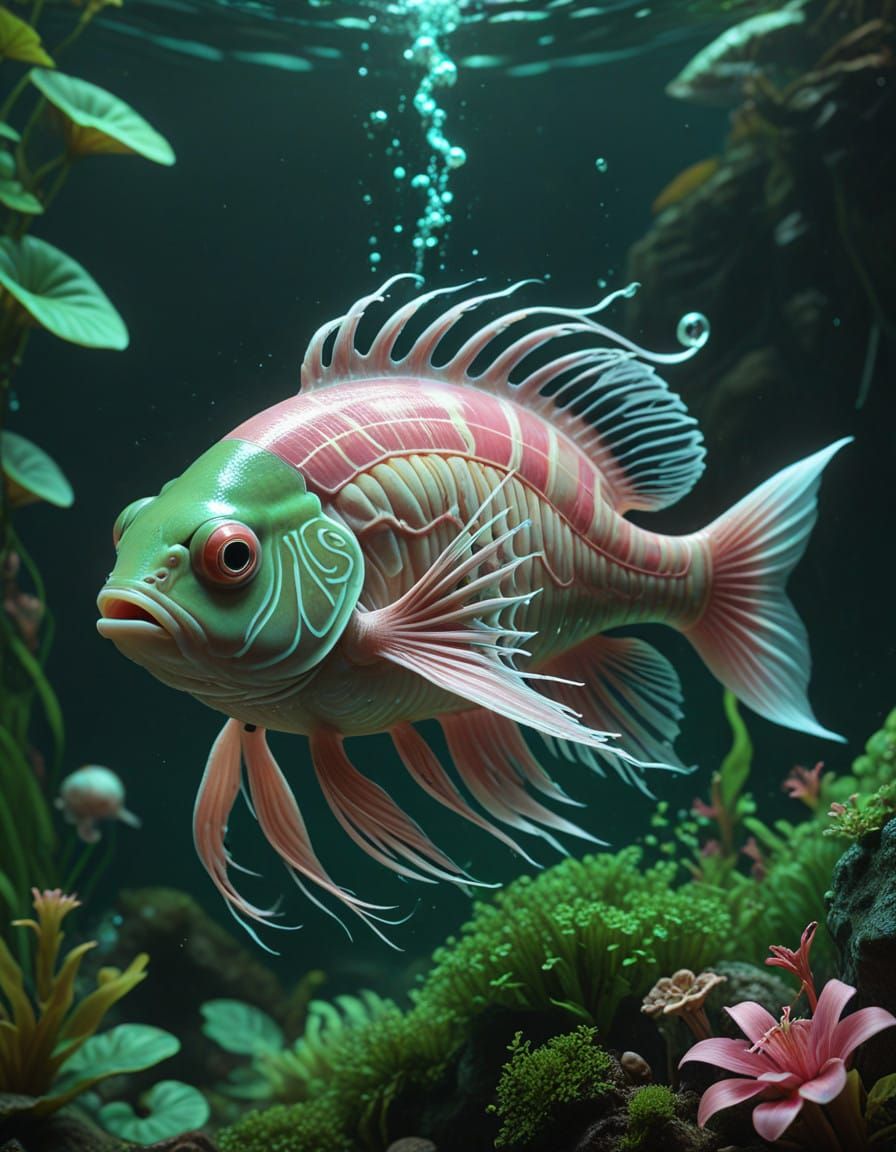 Fantastical Underwater Scene in Deep Beige and Green Hues