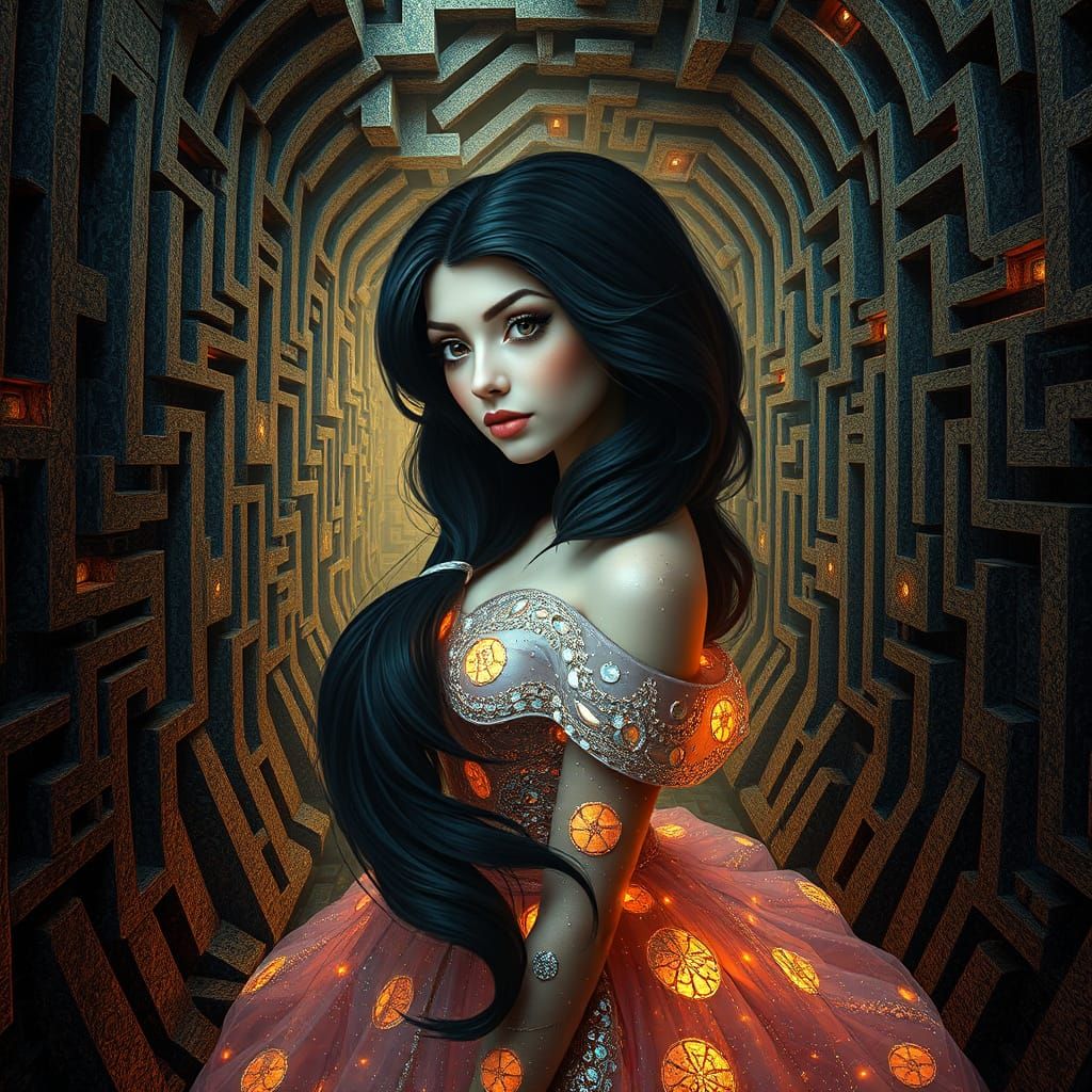 Surreal, Mystical Labyrinthine Realm with Radiant Princess