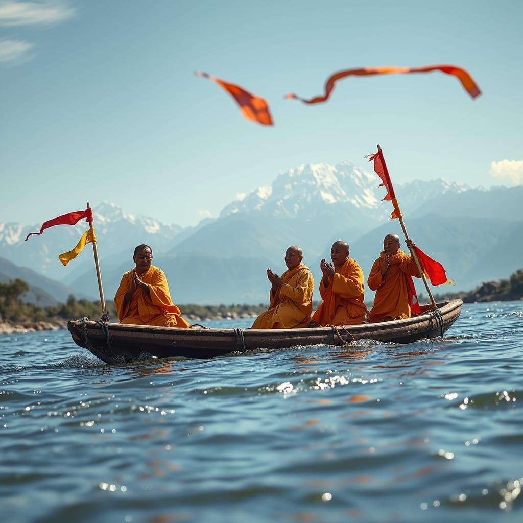 Tibetan Monks on Raft in Himalayas