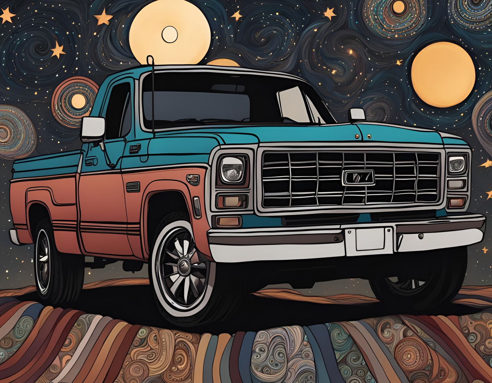 Pickup Truck Under Starry Sky, Zentangle Art