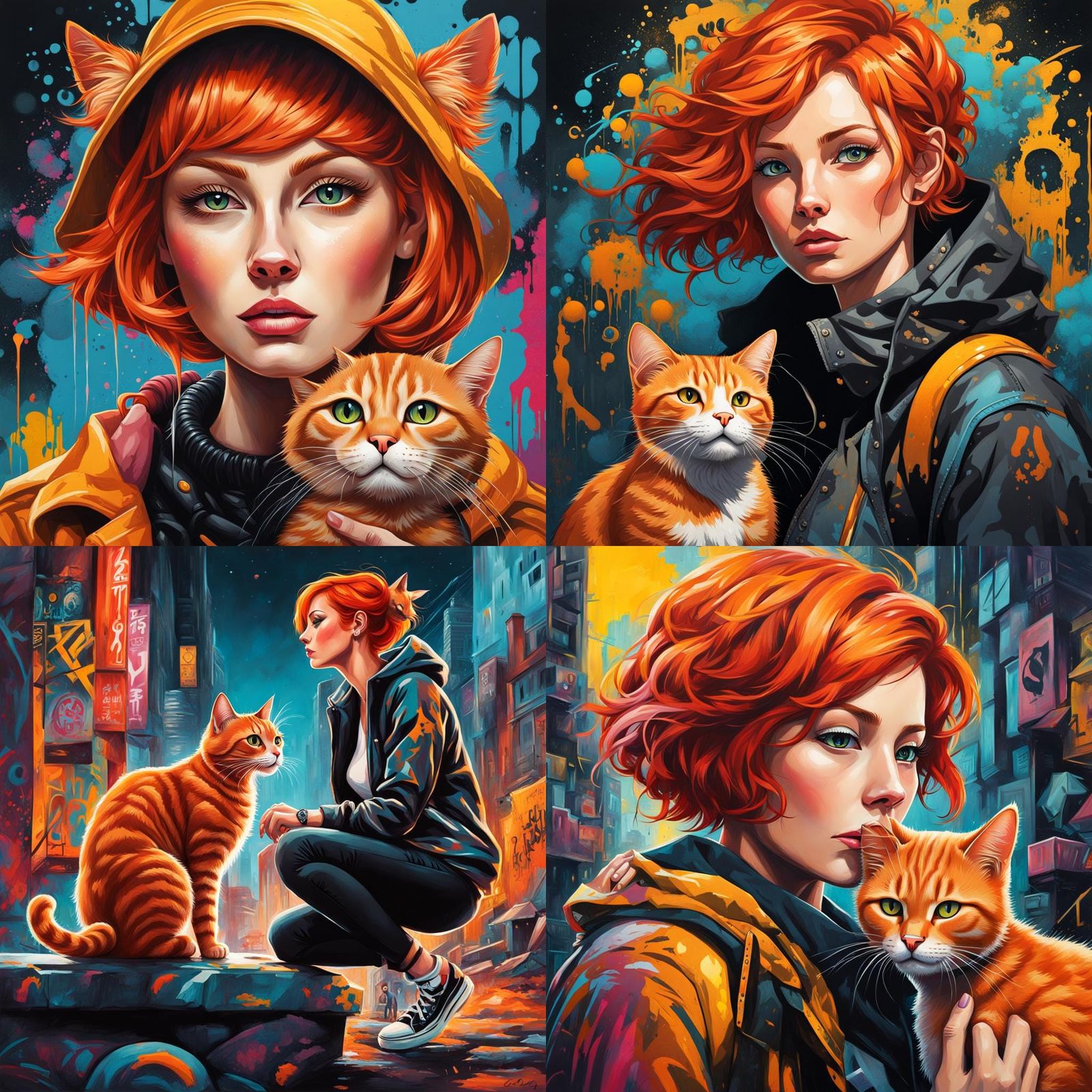 Ginger Haired Lady with Cat in Graffiti Style