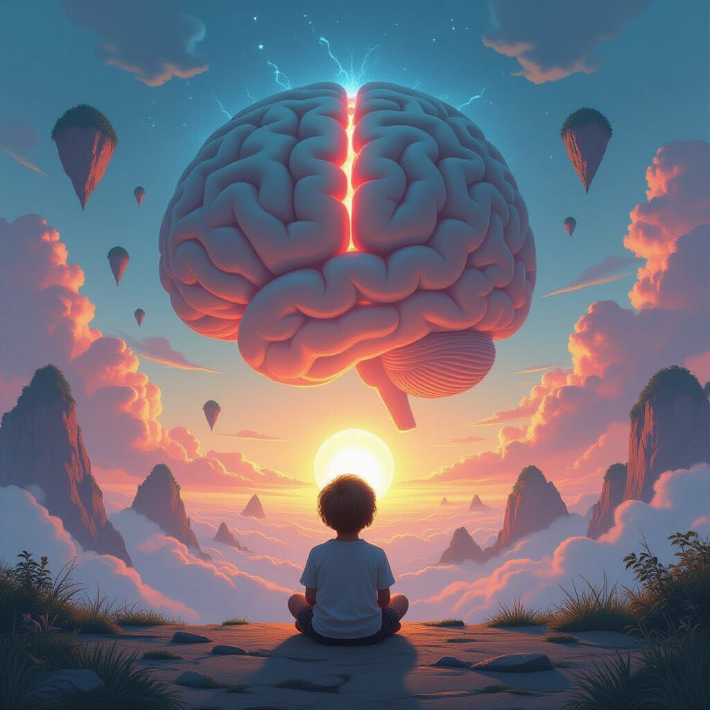 Child in Giant Brain Landscape as Digital Art