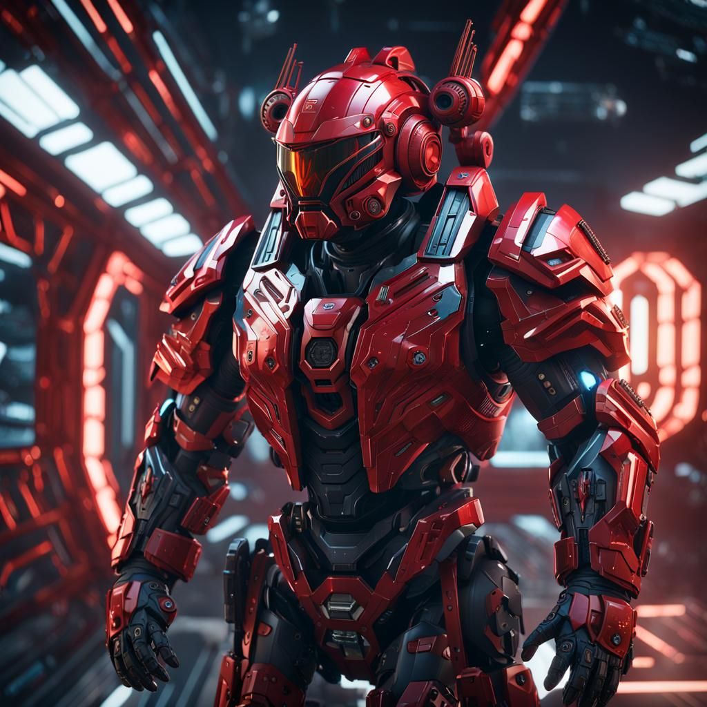 Futuristic Man in Red Combat Armor Sci-Fi Art