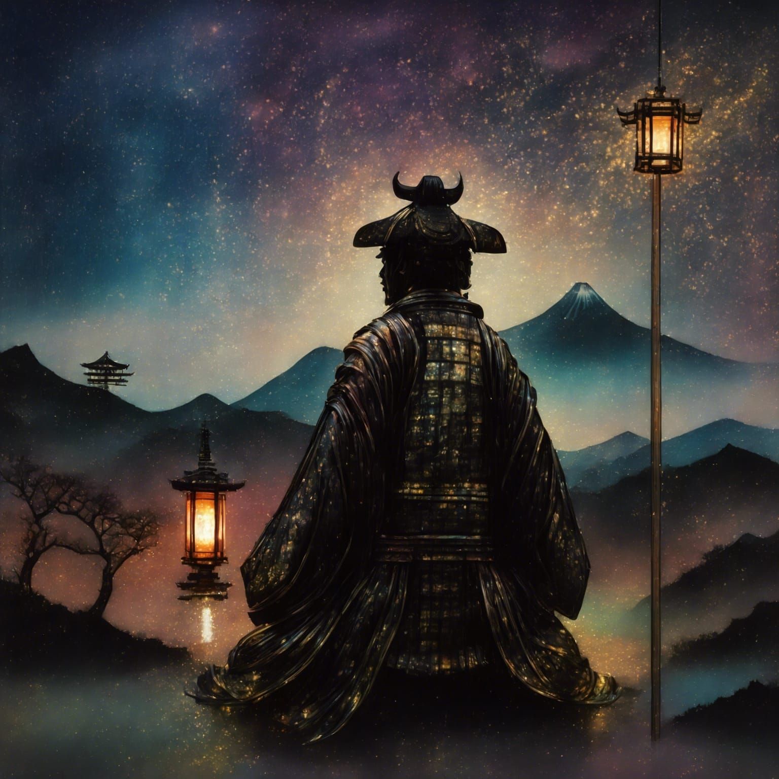 Samurai Under Lantern in Double Exposure Anime Style