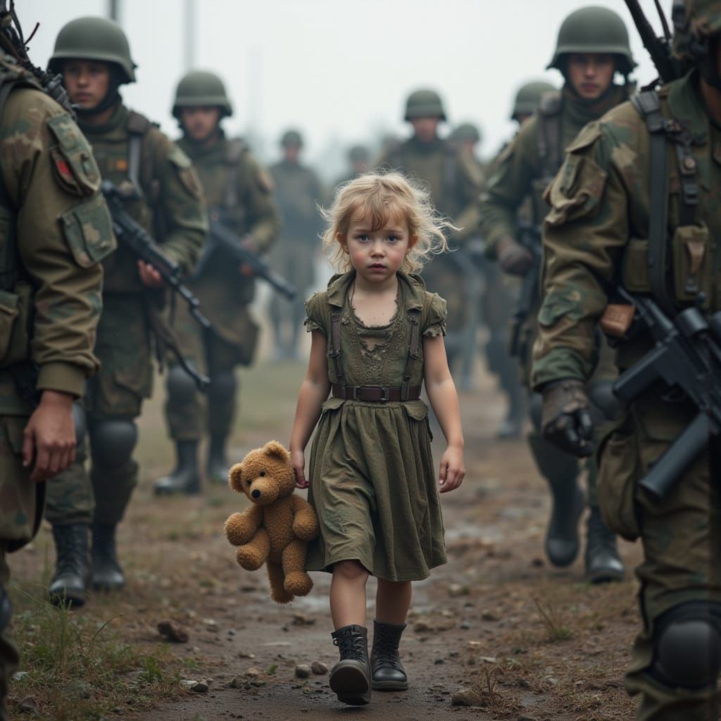 Girl with Teddy Bear Amidst War Scene