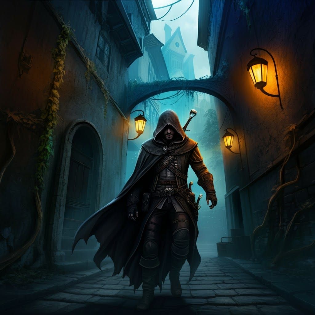 Dashing Rogue in Mystical Alleyway: Fantasy Architecture