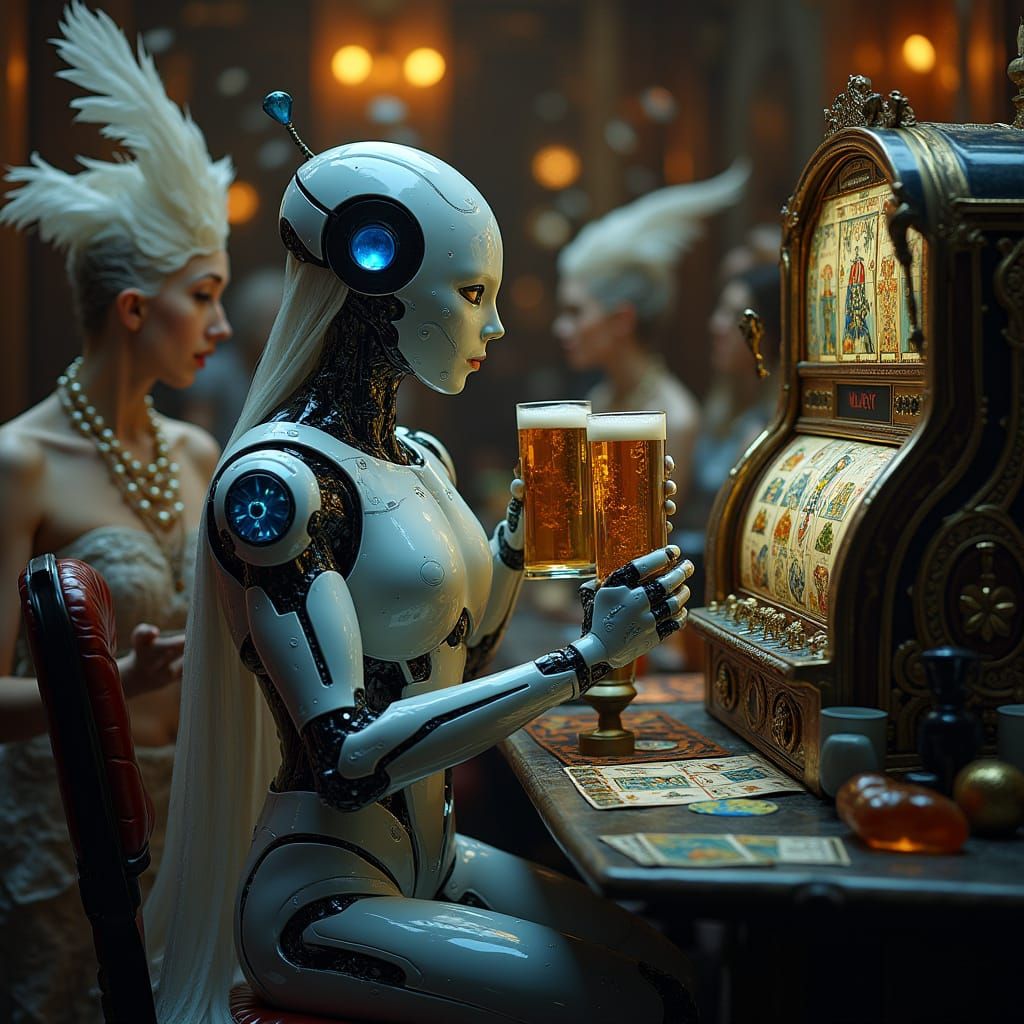 Android in Bar with Tarot Card Slot Machine